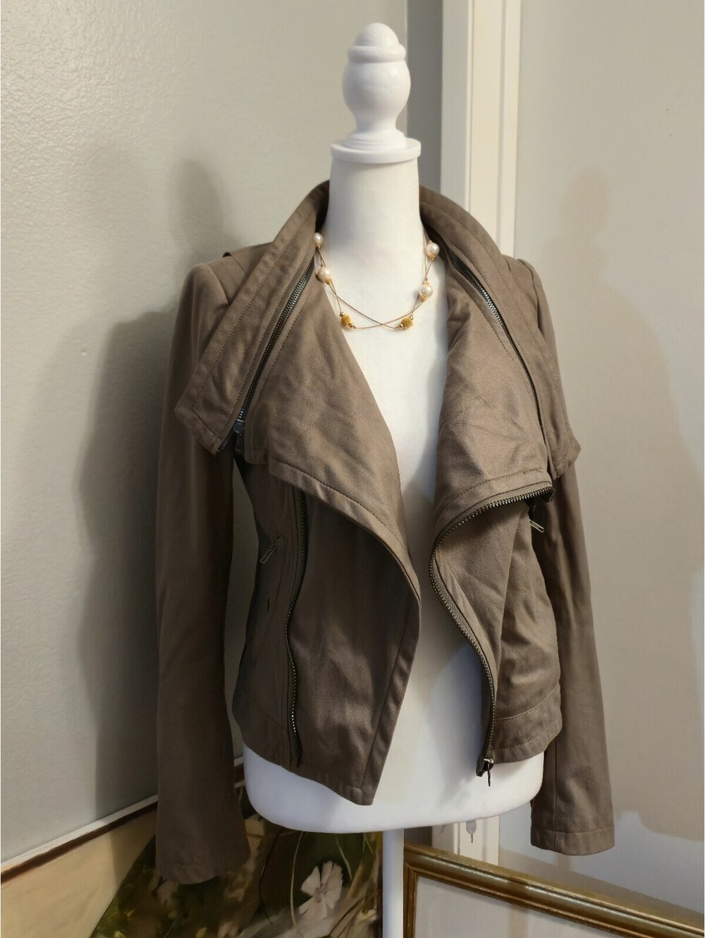 S.Y.L.K Taupe Faux Suede Look Moto Jacket Asymmetrical Zip Size S
